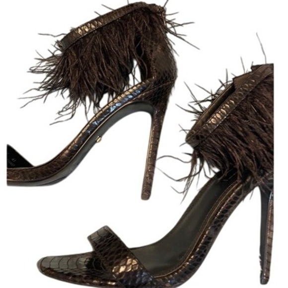 TOPSHOP Black Feather Embellished Stiletto Heels Snake Print Ankle Strap  Size 7 - Picture 2 of 5